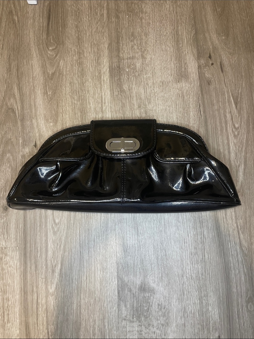 Franco Sarto Black Patent Clutch Handbag with Silver Tone Hardware